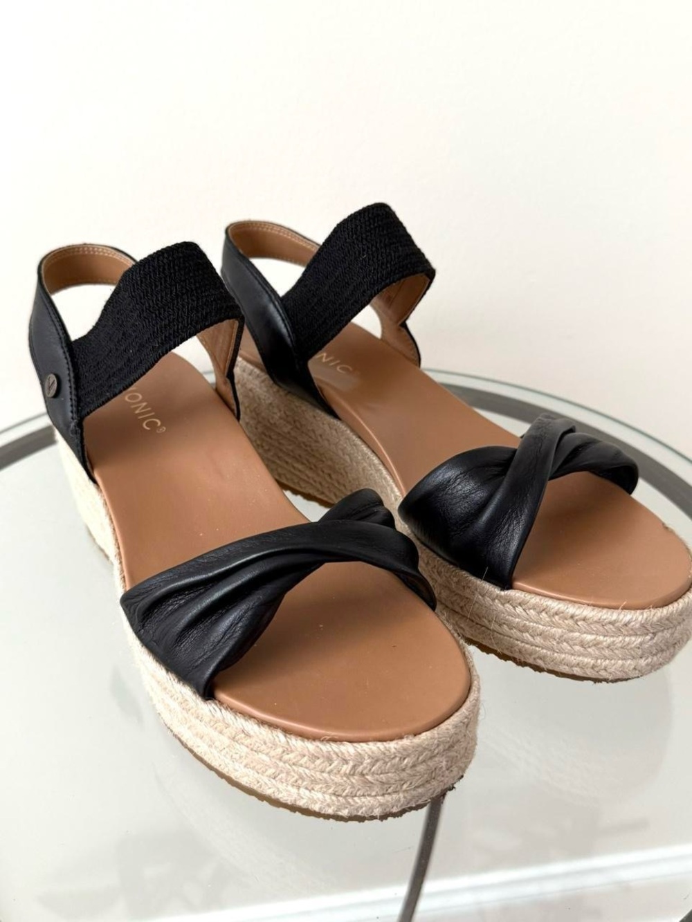 Vionic Black Twisted Leather Espadrille Wedge Sandals